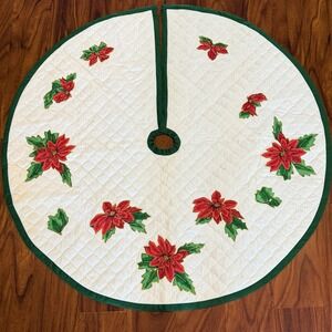 VTG‎ Quilted Poinsettia Tree Skirt 44" Gold Trim Christmas Cottagecore Farmhouse